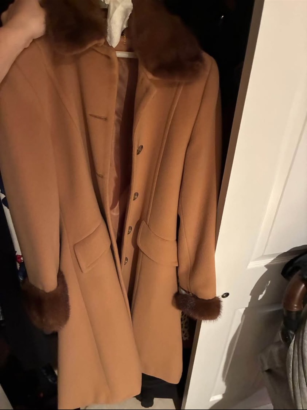 Vintage Classic Camel Wool Coat with Fur Trim